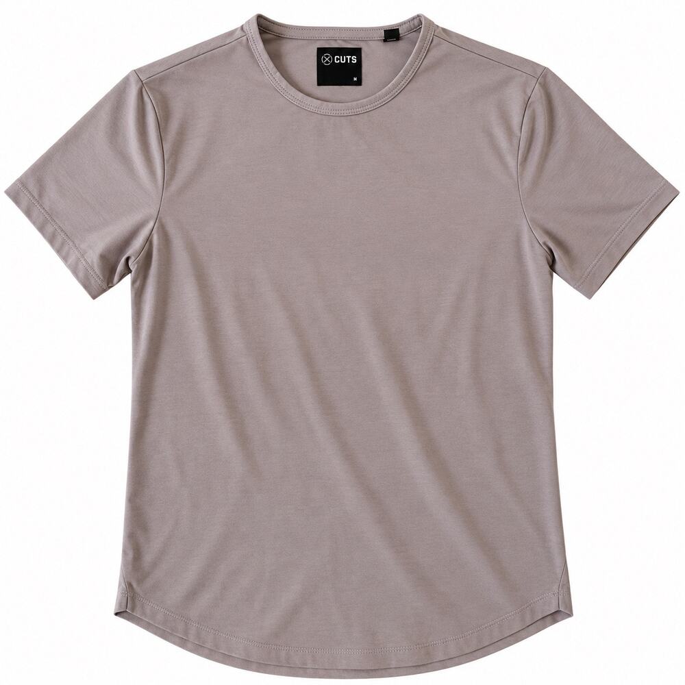 CUTS Clothing Men's M PYCA Pro Crewneck T Shirt Taupe Gray Curved Hem Stretch